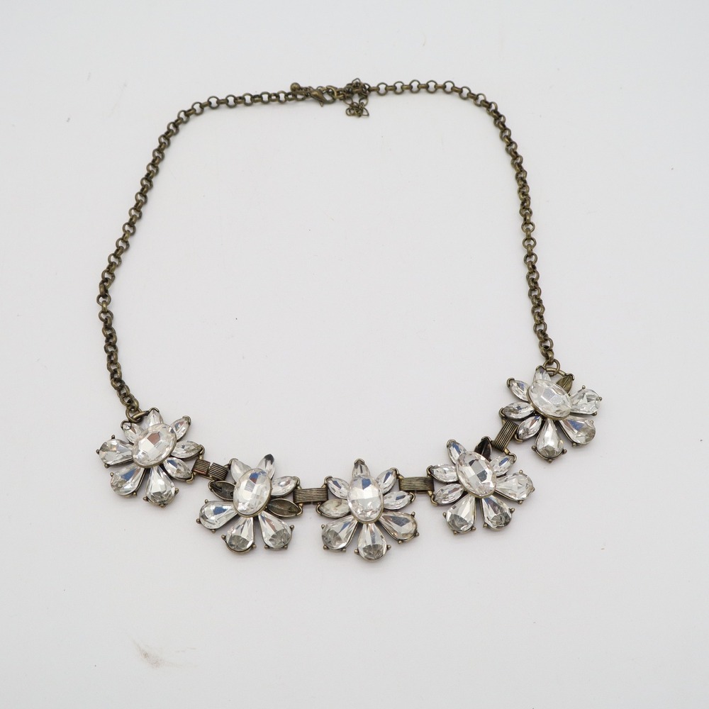 Antique Brass Clear Crystal Floral Statement Bib Necklace Vintage Style Sparkly